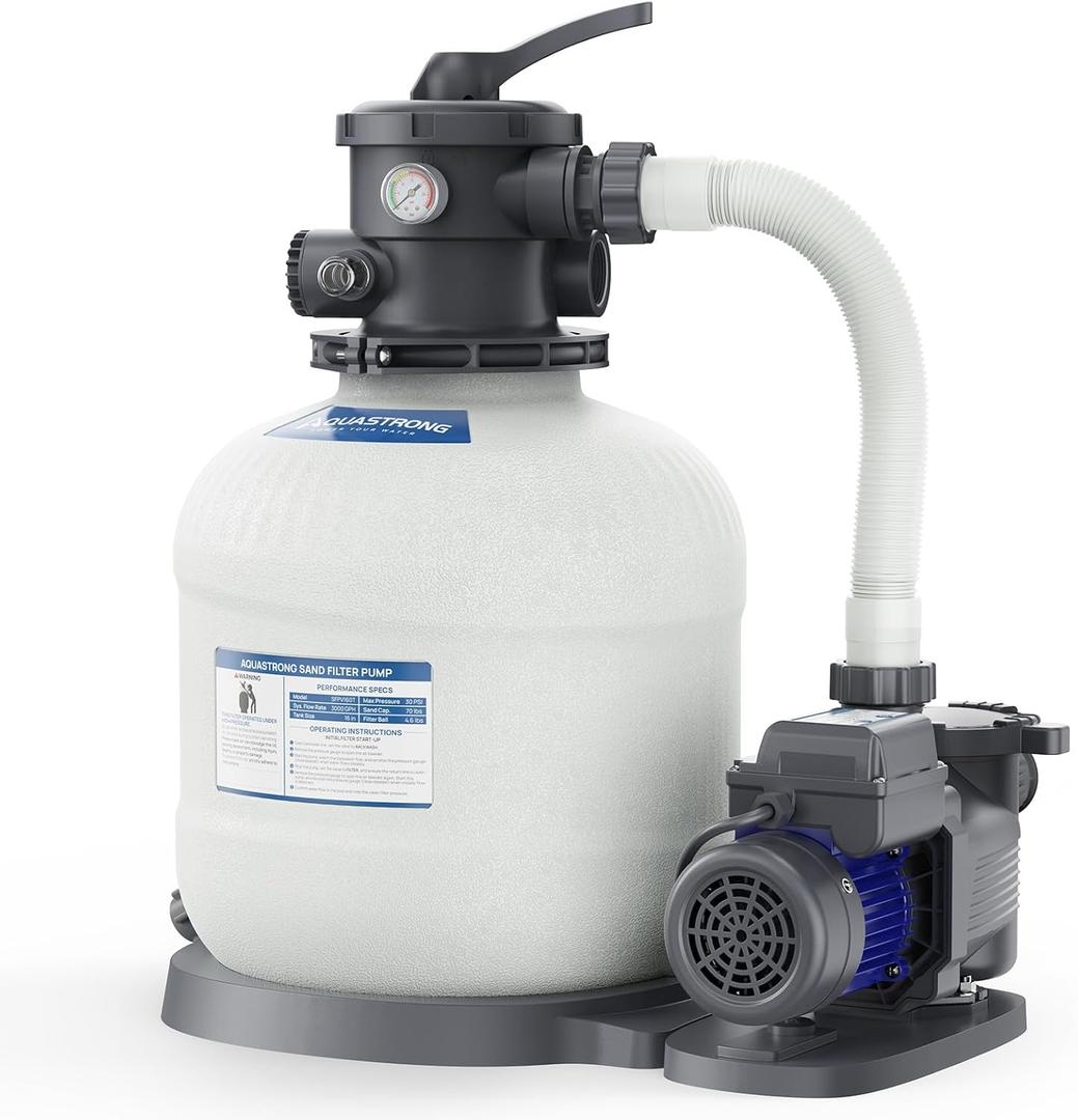 AQUASTRONG 16in Sand Filter Pump for Above Ground Pool with Timer, 3/4 HP Pool Pumps Above Ground 3800 GPH for Pools up to 16000 GAL, Pool Filter with 6-Way Valve, Improved Circulation and Filtration