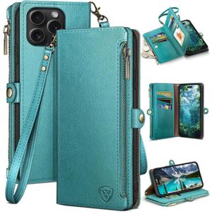 XcaseBar for iPhone 15 Pro Max 6.7" Wallet case with Zipper Credit Card Holder RFID Blocking,Flip Folio Book PU Leather Shockproof Protective Cover Women Men for Apple 15 ProMax Phone case Blue Green (Solid)