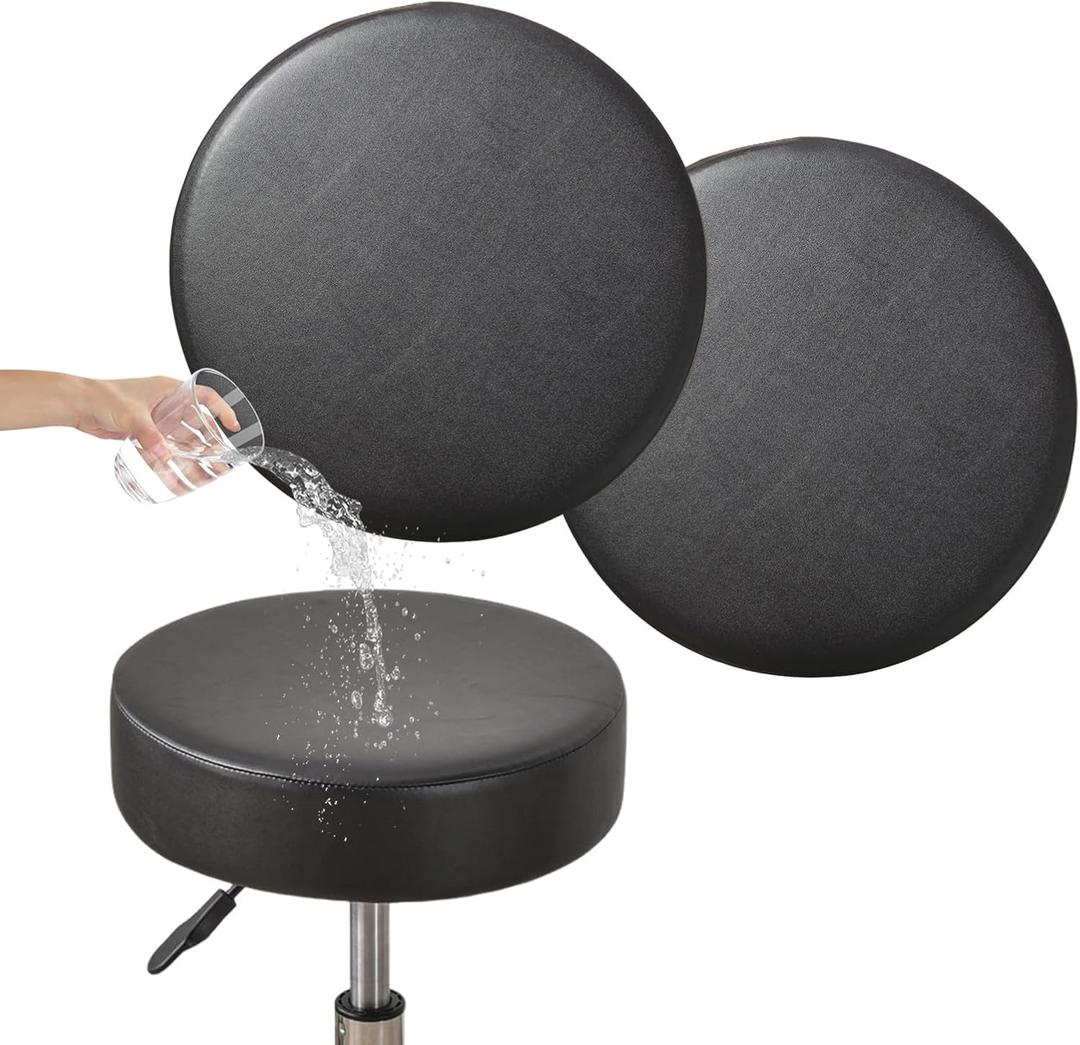 FUANGUI Bar Stool Covers Round Set of 2, Waterproof PU Seat Covers With Elastic Bands, Chair Covers Washable Cushion Slipcover for 12-15 Inch - Black