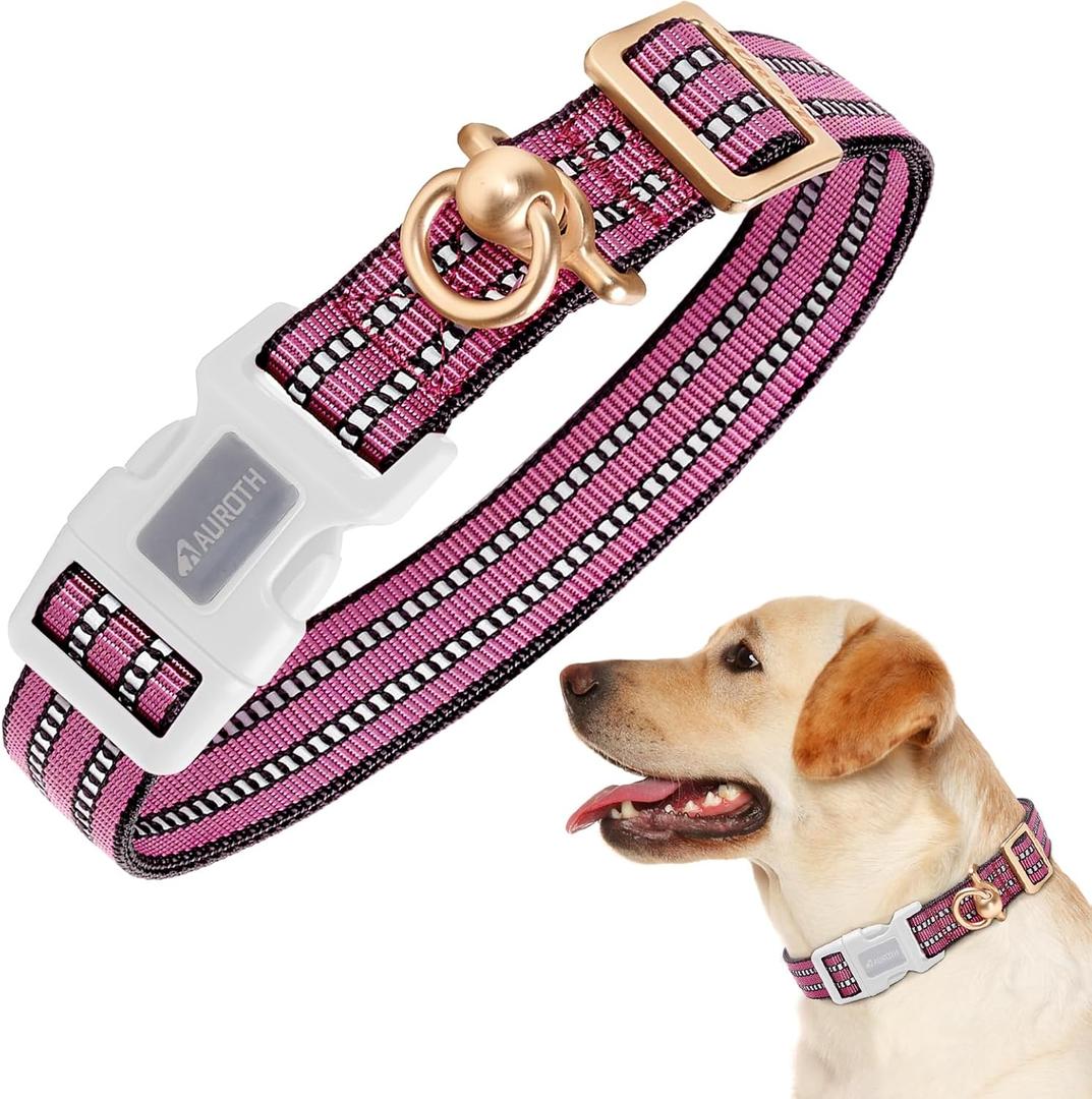 Auroth Dog Collar for Medium Large Dogs, Reflective Dog Collar, Soft Nylon Adjustable Dog Collars with Heavy Duty Metal D Ring Tangle Free (Large:15.7"-27.1", Pink)