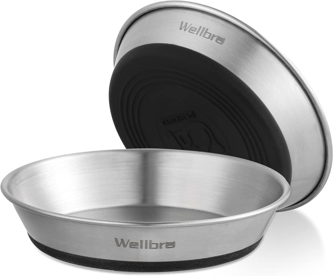 Cat Bowls, 2 Pcs Stainless Steel Cat Bowls for Food and Water, Whisker Fatigue Shallow Non-Slip Dishes Plates for Small Dog Puppies Cats