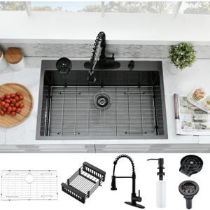 33x22 Drop In Kitchen Sink and Faucet Combo Set, Black Stainless Steel Kitchen Sink with Cup Washer,9 Inch Deep Single Bowl with Accessories, Heavy-Duty & Easy-Clean Design