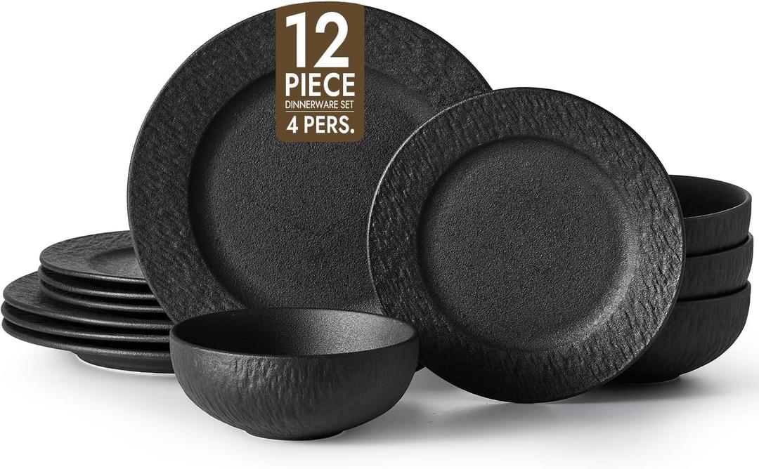 KINGSTONE Black Dinnerware Sets, 12-Piece Matte Marble Pattern Premium Porcelain, Place Setting with Dinner Plate, Salad Plate, Pasta Bowl, Microwave and Dishwasher Safe