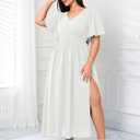 SCOMCHIC Women Plus Size Maxi Formal Dresses Wedding Guest Cocktail Short Sleeve V Neck Smocked Slit Long Flowy Dress (White, XXL)