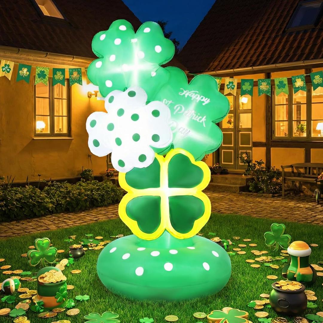 St. Patrick's Day Inflatables Outdoor Decorations 6FT Giant Lucky Shamrocks Blow Up Yard Decoration Bulit-in Led Lights Irish Green Garden Patio Party Dcor Holiday Outside Indoor Dcor