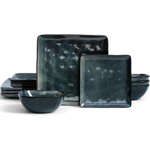 Famiware Dinnerware Sets for 4, Ocean Square 12-Piece Kitchen Plates and Bowls Sets, Reactive Glaze, Microwave and Dishwasher Safe, Scratch Resistant, Deep Forest