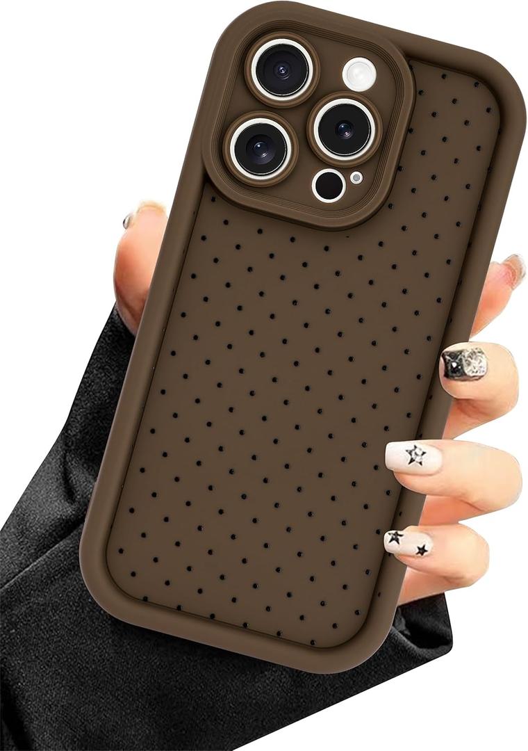 Polka Dot Phone Case for iPhone 14 Pro, Cute Aesthetic Polka Dot Design Case, Soft Silicone Slim Shockproof Protective Phone Cover for Women Girls - Brown