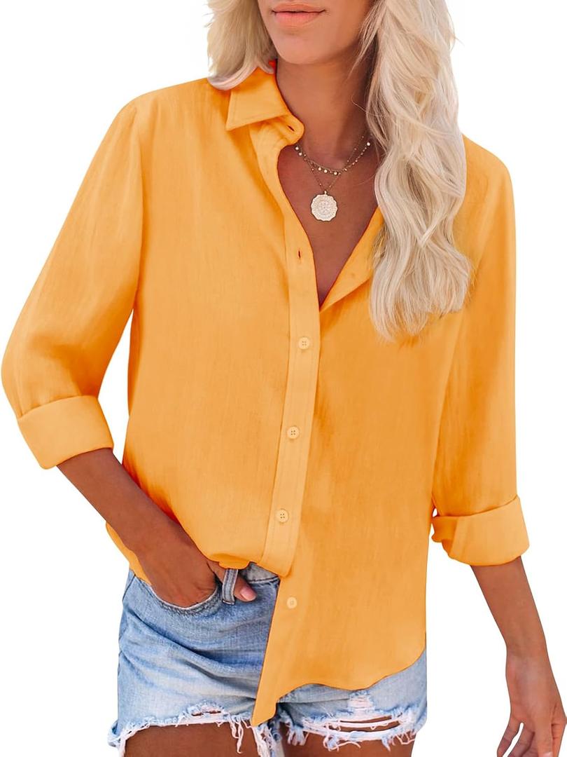siliteelon Button Down Shirts for Women Dress Shirts Cotton Long Sleeve Collared Blouse Work Business Casual Tops (Yellow, XS)