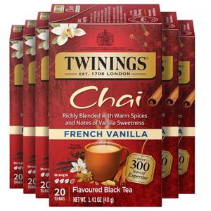Twinings French Vanilla Chai Black Tea Individually Wrapped Bags, 20 Count (Pack of 6), Warm, Sweet & Spicy, Caffeinated, Enjoy Hot or Iced, 120 Teabags (EXP 09/26/27)