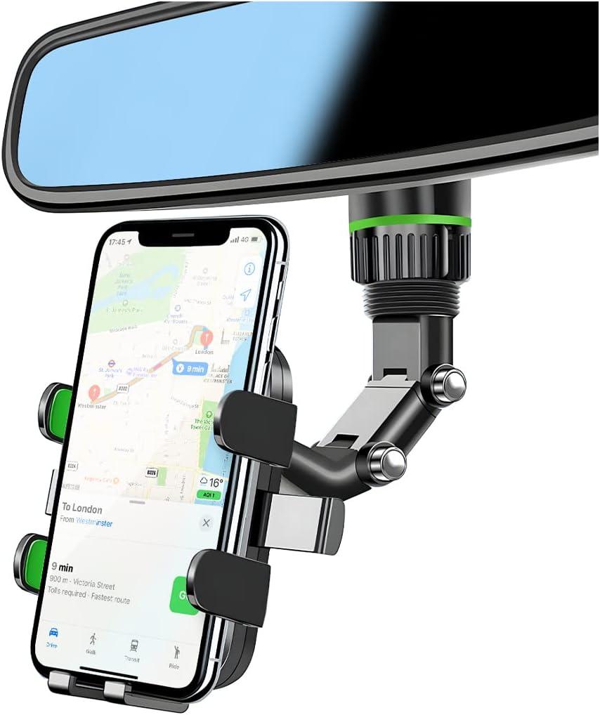 Rearview Mirror Phone Holder, 360 Rotatable and Retractable Car Phone Mount, Multifunctional Rear View Mirror Holder for All Cars, Adjustable Cell Phone Holder for All Smartphones