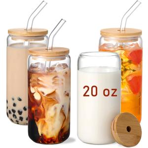 VITEVER 20 OZ Glass Cups with Bamboo Lids and Glass Straw - Beer Shaped Drinking Glasses Set, Iced Coffee Glasses, Cute Tumbler Cup, Aesthetic Coffee Bar Accessories, Gift - 4 Pack
