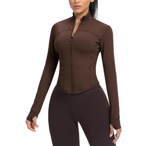 AVGO Women's Cropped Running Workout Jackets Zip Slim Fit Athletic Tops with Thumb Holes(Roasted Brown, S)