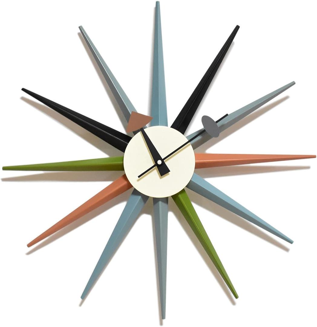 Mid Century Modern Wall Clock Large Silent Non Ticking 18 inch Solid Wood Retro Sunburst Clock for Living Room Decor,Office Kitchen