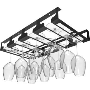 Wine Glass Rack - Under Cabinet Stemware Wine Glass Holder Glasses Storage Hanger Metal Hanging Organizer for Bar Kitchen 4 Rows Black