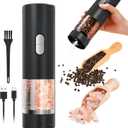 2 in 1 Electric Salt and Pepper Grinder Set (USB Rechargeable), Automatic Salt and Pepper Mill with LED Lighting, One-Handed Operation Adjustable Coarseness - Perfect for Kitchen, BBQ Gifts (Black)