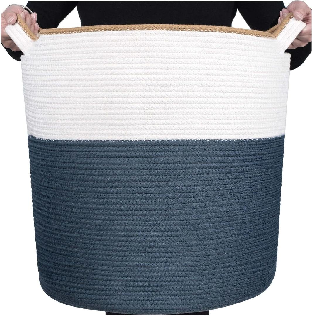 MINTWOOD Design 83L Extra Large 20x18 Inches Decorative Woven Cotton Rope Basket, Tall Laundry Basket Hamper, Blanket Basket for Living Room, Round Storage Baskets for Pillows, Towels, Prussian Blue