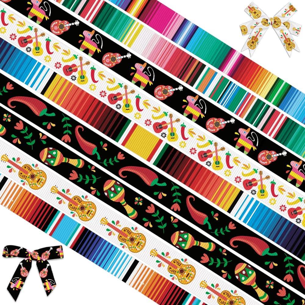 9 Rolls Fiesta Ribbon 3/8" Mexican Serape Grosgrain Ribbons Colorful Gradient Rainbow Stripe Pinata Cactus Guitar Doll Chili Decorative Ribbon for Cinco De Mayo Fiesta Party Mexican Theme Party Events