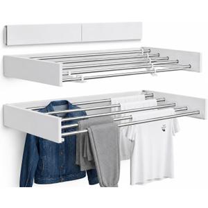 Wall Mounted Clothes Drying Rack, Foldable Retractable Laundry Rack with 5 Rods, 50 lb Capacity, Space Saving, 31.5 Inches X 15.7 Inches X 2.0 Inches, White
