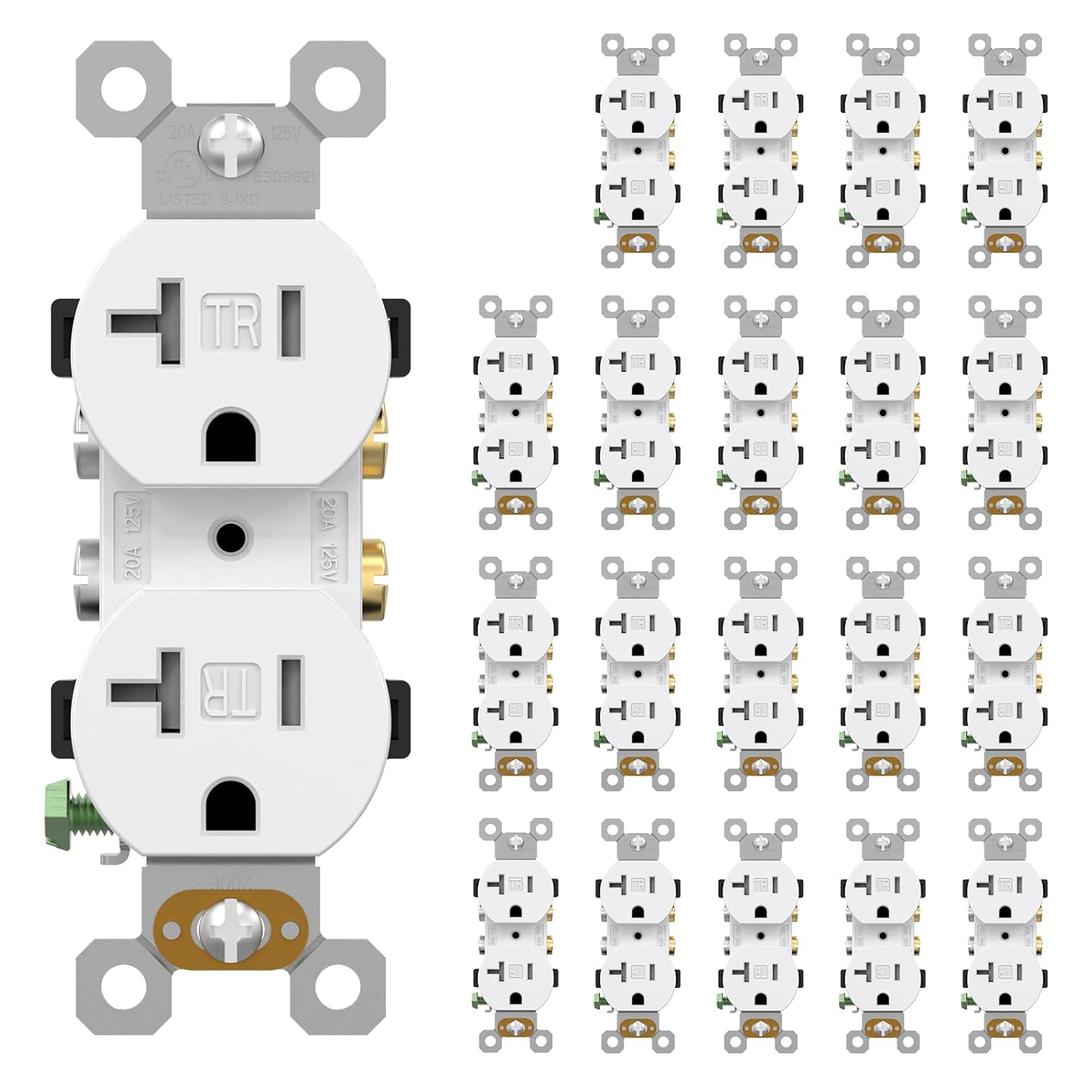 AIDA 20 Amp Outlets Duplex Electrical Receptacle Outlets, Tamper Resistant, Heavy-Duty Receptacle Wall Outlet, Residential, 2-Pole, 3-Wire, Self-Grounding Clip, NEMA 5-20R, UL Listed 20 Pack, White