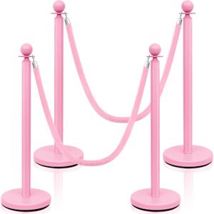 Ferraycle 4 Pcs Stainless Steel Stanchions Post Queue 38 Inch, 5 ft Velvet Rope Carpet Ropes and Pole, Control Barriers for Wedding Birthday Party Decoration Sand Injection Hollow Base Set (Pink)