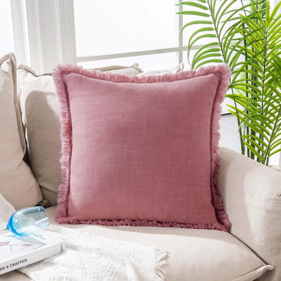 ATLINIA Decor Throw Pillow Cover - 20x20 Inch Linen Pillow Cover Decorative Farmhouse Boho Fringe Cushion Cover for Couch Sofa Bed Outdoor Pink