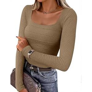 ZESICA Women's Long Sleeve Shirts 2026 Spring Fashion Square Neck Slim Fit Basic Going Out Tops Trendy Outfits Small