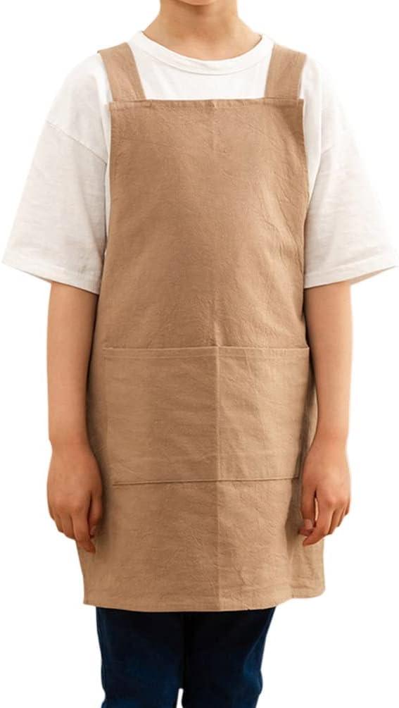 Kids Cotton Cross Back Aprons Children Chef Pure Child Apron with 2 Pockets for Baking Painting Cooking (One Size, Brown)
