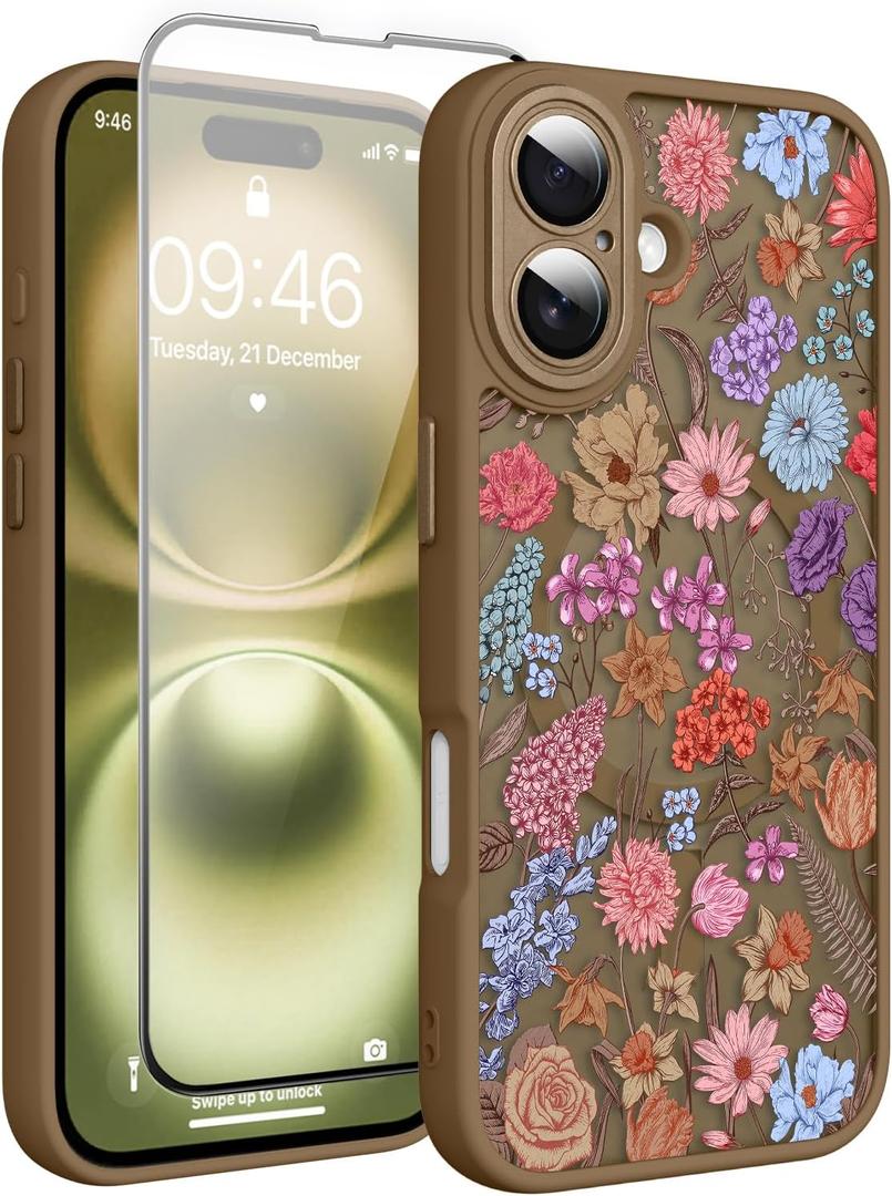 Magnetic for iPhone 16 Plus Case with Screen Protector, Brown Flower | Pretty Flower Floral Pattern Design [Compatible with MagSafe] [Full Camera Protection] Shockproof Slim Cover for Women Girls