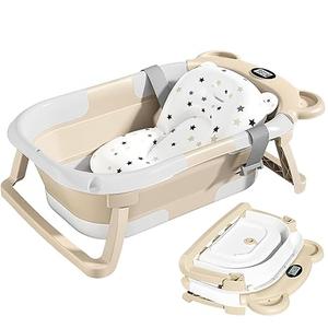 TPN Collapsible Baby Bathtub, Baby Bath Tub with Soft Cushion & Real-Time Thermometer, Baby Bathtub Infant to Toddler Tub (0-36 Months), Portable Newborn Travel Bath tub (Beige)