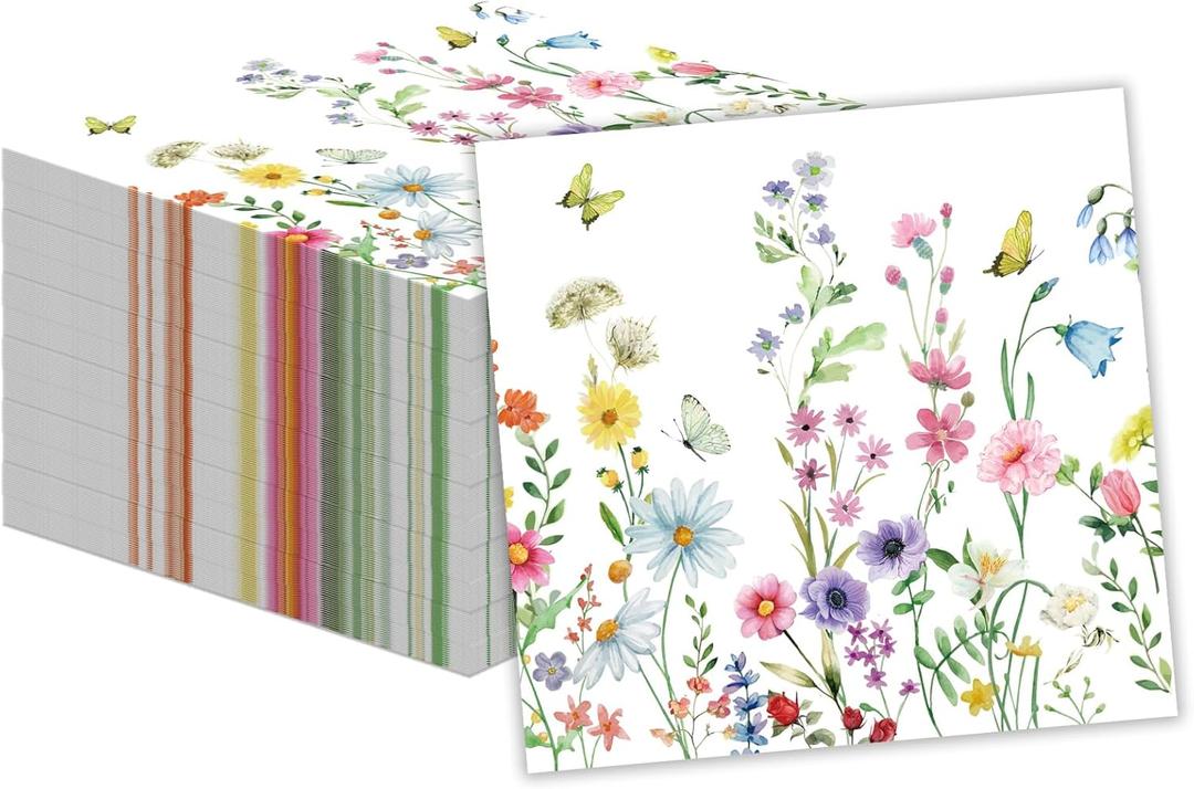 50 Pcs Wildflower Napkins 13 X 13 Inches, Floral Paper Napkins Disposable Flower Cocktail Napkins For Spring Summer Picnic Wedding Baby Shower Birthday Tea Party Decorations