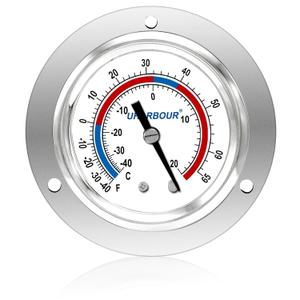 Cooler Thermometer Comercial Freezer Thermometer Capillary Design Refrigeration Gauge, Range -40 to 65  / -40 to 20, 2" Dial Stainless Steel Flanged Panel Mount