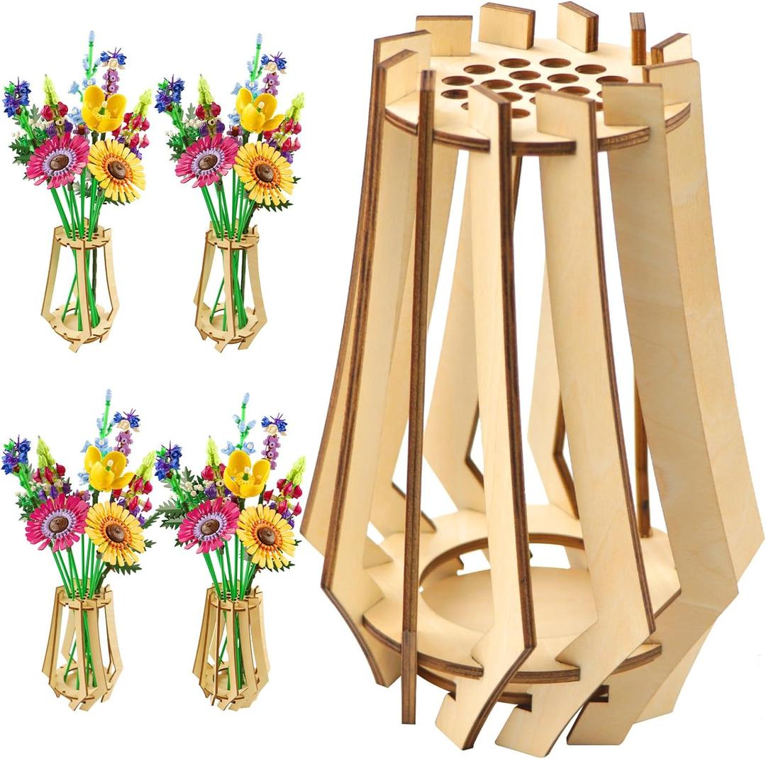 Wooden Vase for Lego Flower Bouquet - Display Stand for Roses, Cherry Blossom, Sunflower, Tulips, Daffodils, Lotus - Gift for Flower Building Set Lovers