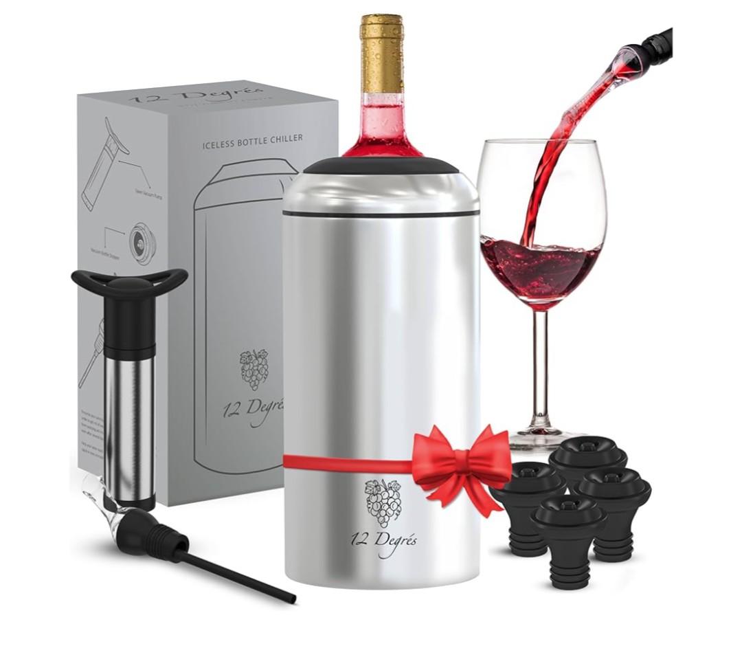 Wine Chiller Set - Perfect Wine Gifts for Women & Men - Stainless Steel Insulated Wine Cooler with Wine Pump, Aerator & 4 Stoppers (Silver)