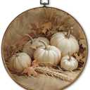 TLESKE Vintage Fall Pumpkins Round Wall Art Decor Framed 10x10, Autumn Rustic Farmhouse Canvas Wall Art Prints Artwork, Thanksgiving White Pumpkins Wall Hanging Room Door Decor for Living Room Bedroom