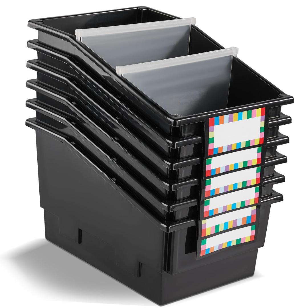 6 Pack Picture Book Bins with Dividers Plastic Book Holders with Labels Stackable Classroom Organization Bins Magazine File Binder Holder Storage Container for Classroom Library Home Office(Black)