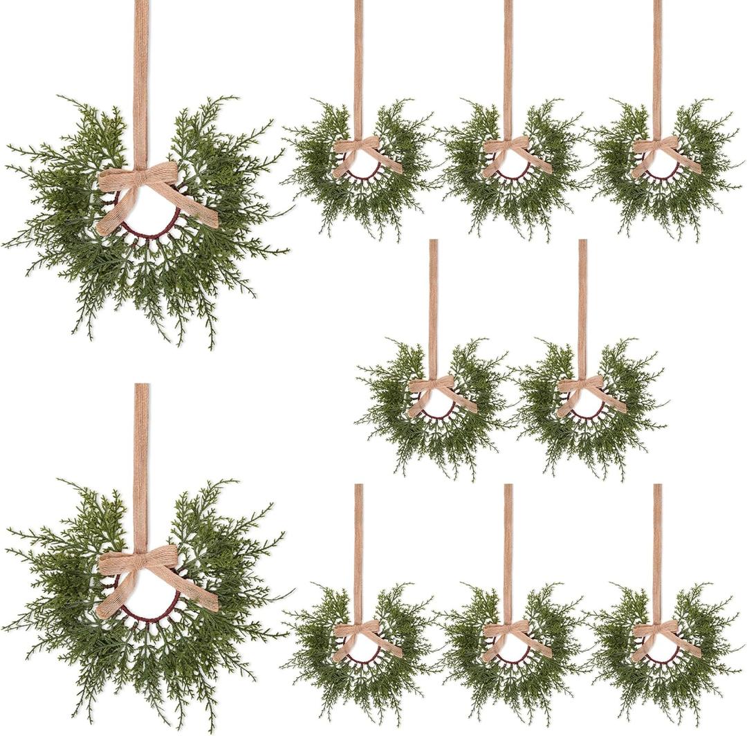 8 Pcs 12" Mini Christmas Cabinet Wreaths with Ribbon Bow Artificial Leaves Small Kitchen Wreaths for Xmas Front Door Window Chair Fireplace Table Pillar Farmhouse Decor (Retro Color)