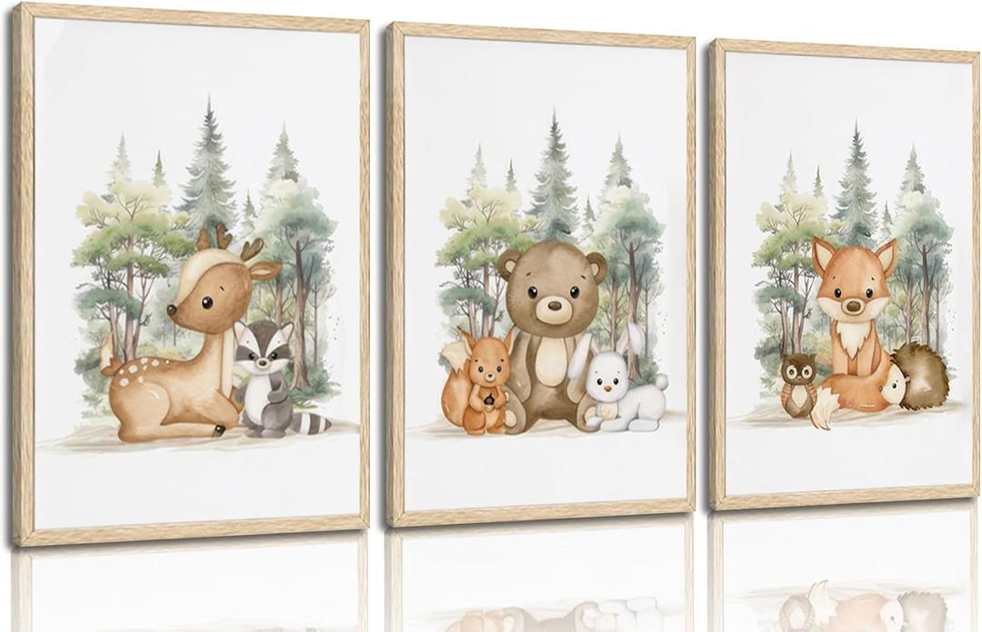 2 x 3 Pcs Nursery Woodland Animals Canvas Wall Art Fox Bear Deer Painting Picture Wall Decor Cute Wild Animals Poster Print Artwork For Baby Bedroom Kids Room Home Decoration (16inx24in Unframed)