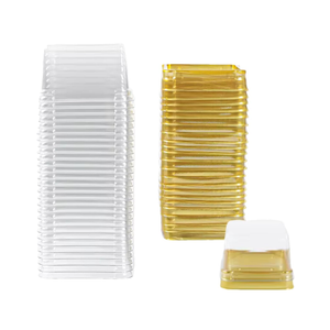 50Pcs Square Plastic Cake Boxes with Lids, 2.73" Clear PET Dessert Containers for Cupcakes, Muffins, Pastries, Bakery Packaging for Wedding, Birthday, Party Favors (gold base)