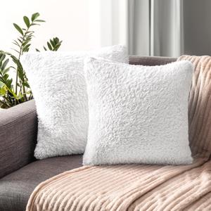 PAVILIA Fluffy White Throw Pillow Covers, Decorative Accent Pillow Cases for Bed Sofa Couch, Soft Faux Fur Cushion Cover, Square Sherpa Pillowcases, Home Room Decor, White, 18x18 Set of 2
