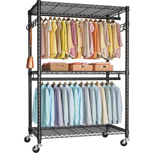 FUTASSI P1 Plus Rolling Clothes Rack, 22mm Diameter Heavy Duty Garment Rack with Wheels, Portable Closet Wardrobe with Double Rods, 45" W x 17.7" D x 80.5" H, Max Load 524 LBS, Black