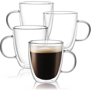 CNGLASS Large Glass Coffee Mugs 17oz,Double Walled Insulated Clear Coffee Cups with Handle,Clear Espresso Mugs for Cappuccino,Latte,Tea Bags,Hot and Cold Beverages,Set of 4