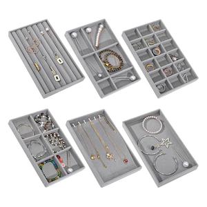 Dntorx Stackable Jewelry Organizer Trays, 6 Set of Velvet Jewelry Drawer Insert Sets Organizer Trays Jewelry Display Case Storage with Removable Dividers for Earring Necklace Rings Bracelet（Gray）