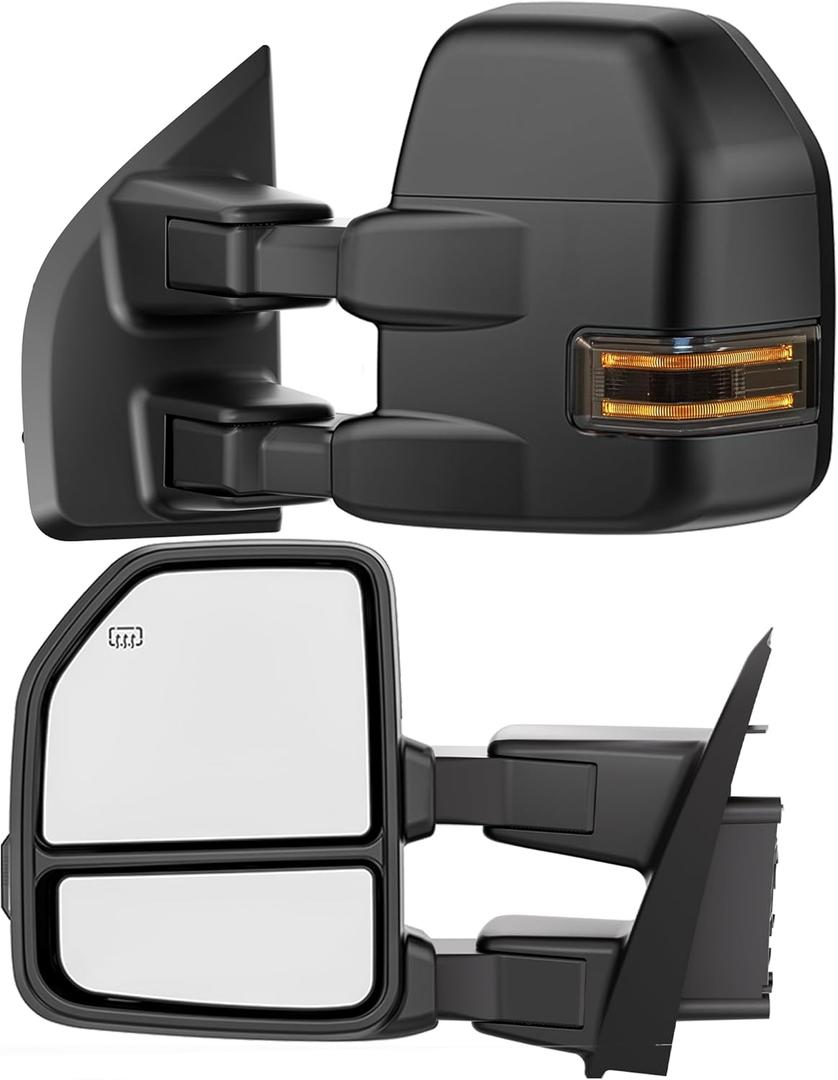 Smoked Power Heated Tow Mirrors Compatible with 2015 2016 2017 2018 2019 2020 Ford F150 F-150, Extended Trailer Towing Side Mirrors w/LED Turn Signal & Ambient Temp Sensor (for 2019+)