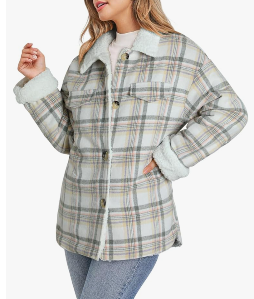 Dokotoo Winter Coats for Women Button Down Plaid Flannel Shirts Warm Sherpa Fleece Jacket, Size XXL