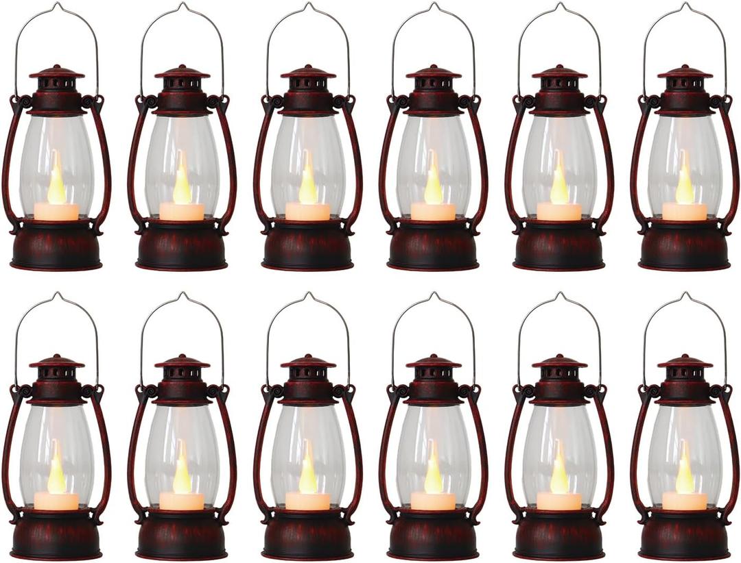 Reperla 12Pcs Hand-Brushed Red Mini Lanterns for Vintage Christmas Table Decorations – 6Inch Small Candle Lanterns for Western Cowboy Camping Halloween Weddings Party Centerpiece & Hanging Ornaments