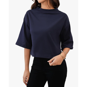 SweatyRocks Women's 3/4 Sleeve Mock Neck Basic Loose T-Shirt Elegant, Size Medium