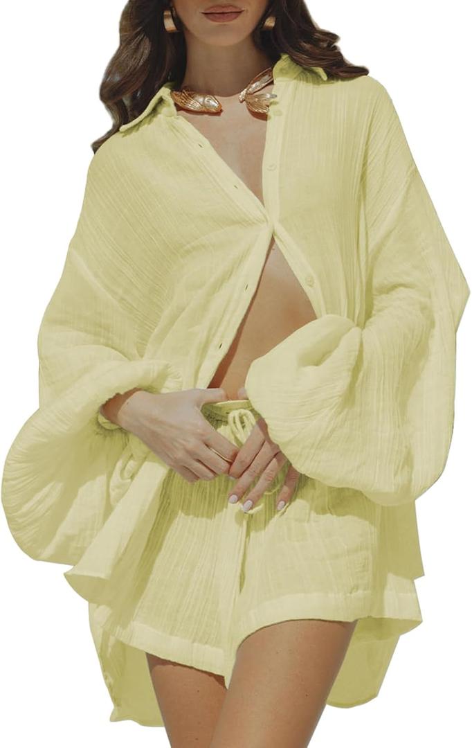 Fixmatti Women 2 Piece Outfits Summer Shorts Sets Lantern Sleeve Button Down Shirt and Shorts Sweatsuit (Medium, Beige)