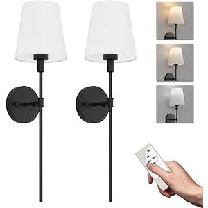 Aipsun Battery Operated Wall Sconce Set of 2, Rechargeable Wall Lights Black Indoor Dimmable Wireless Wall Sconce with Remote 3 Color Temperatures (Bulbs Included)