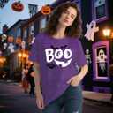 Women Halloween Shirts Spooky Boo Pumpkin Face T-Shirt Trick or Treat Party Short Sleeve (Purple, L)