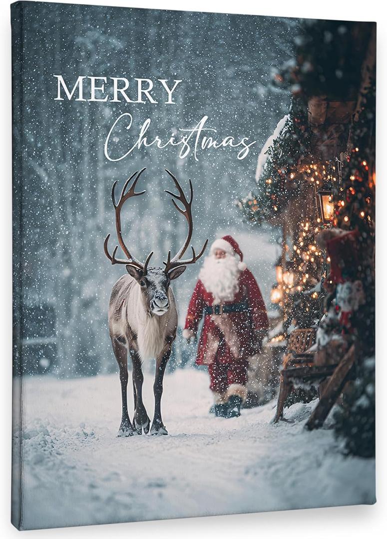 PHAMTE Merry Christmas Santa Reindeer Wall Art Decor Canvas 11x14, Winter Snowy Xmas Pictures Decorations, Cozy Rustic Farmhouse Holiday Framed Prints Artwork for Home Living Room Bedroom Decor